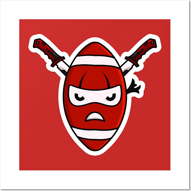 Rugby Ball Ninja with Swords Sticker design vector illustration. Sports object icon concept. Ninja mascot with American football sticker design icons logo with shadow. Wall Art by AlviStudio